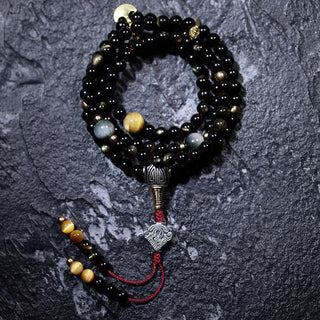 Buddha Gift 108 Mala Beads Gold Sheen Obsidian Tiger Eye Eagle's Eye Stone Wealth Bracelet