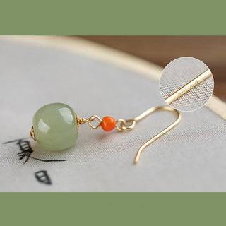 Buddha Gift 925 Sterling Silver 14K Gold Plated Hetian Jade Red Agate Luck Drop Dangle Earrings
