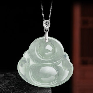 Buddha Gift 925 Sterling Silver Natural Jade Laughing Buddha Prosperity Abundance Chain Necklace Pendant