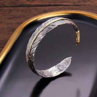 Buddha Gift Feather Pattern Carved Luck Wealth Cuff Bracelet Bangle