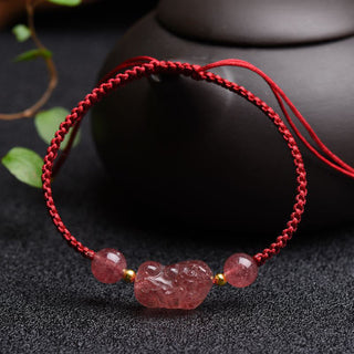 Buddha Gift Natural Strawberry Quartz PiXiu Lucky Red String Bracelet