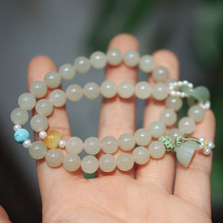 Buddha Gift 925 Sterling Silver Hetian Jade Double Peace Buckle Lotus Luck Double Wrap Bracelet