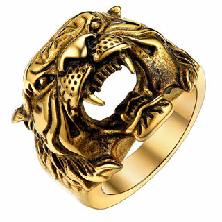 Buddha Gift Men's Animal Tiger Head Titanium Steel Balance Calm Punk Rock Biker Ring