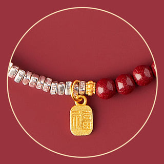 Buddha Gift 925 Sterling Silver Cinnabar Fu Character Blessing Bracelet