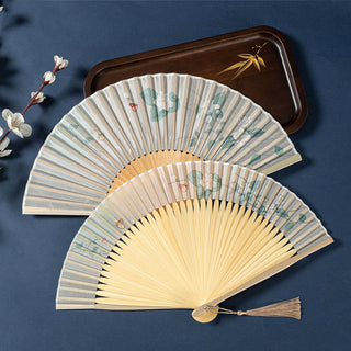Buddha Gift Lotus Begonia Flower Jasmine Handheld Bamboo Folding Fan 21cm