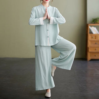 Buddha Gift 2Pcs Tang Suit Long Sleeve Shirt Top Pants Meditation Zen Tai Chi Cotton Linen Clothing Women's Set