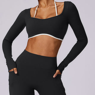Buddha Gift Solid Color Halter Neck Bra Long Sleeve Crop Tank Top Pants Sports Fitness Gym Yoga Outfits