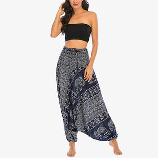Buddha Gift Two Style Wear Elephant Pattern Loose Smocked Harem Trousers Jumpsuit Women's Yoga Pants