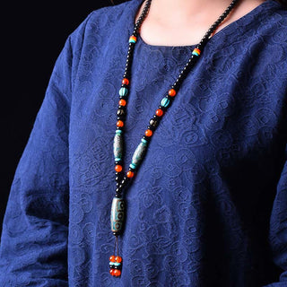 Buddha Gift Tibetan Nine-Eye Dzi Bead Dragon Pattern Om Mani Padme Hum Protection Necklace Pendant
