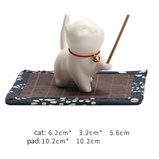 Buddha Gift Mini Lucky Cat Kitten Tea Pet Ceramic Home Desk Figurine Decoration With Bamboo Mat