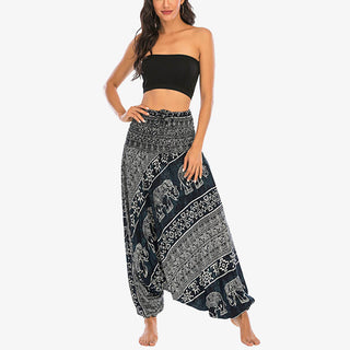 Buddha Gift Two Style Wear Elephant Pattern Loose Smocked Harem Trousers Jumpsuit Women's Yoga Pants