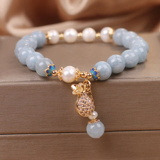 Buddha Gift Aquamarine Pearl Fortune Money Bag Charm Bracelet