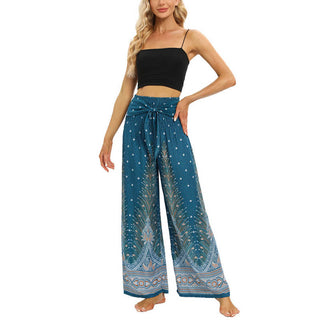 Buddha Gift Boho Peacock Feathers Lace-up Wide Leg Pants Women's Yoga Pants