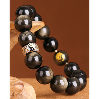 Buddha Gift 925 Sterling Silver Black Obsidian Gold Sheen Obsidian Silver Sheen Obsidian Yin Yang Protection Bracelet