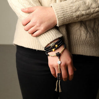 Buddha Gift Tibetan 108 Mala Beads Black Onyx Three-eyed Dzi Beads Protection Bracelet