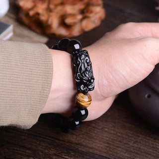 Buddha Gift Natural Black Obsidian PiXiu Tiger's Eye Strength Bracelet
