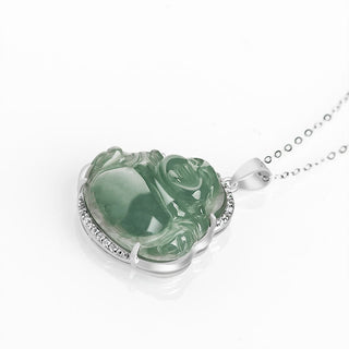 Buddha Gift 925 Sterling Silver Laughing Buddha Natural Jade Luck Prosperity Necklace Chain Pendant