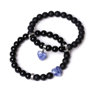 Buddha Gift 2Pcs Black Onyx Crystal Stone Love Heart Protection Support Couple Bracelet