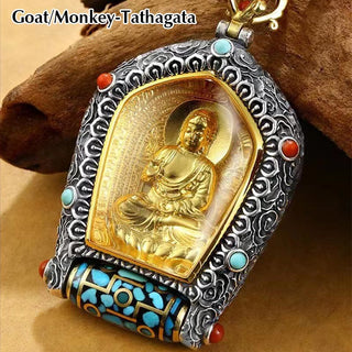 Buddha Gift Tibet Chinese Zodiac Natal Buddha Thangka Prosperity Rotatable Dzi Bead Necklace Pendant
