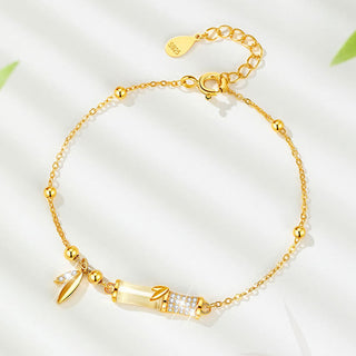 Buddha Gift 925 Sterling Silver 18K Gold Plated White Jade Bamboo Zircon Leaf Luck Bracelet