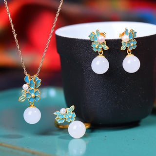 Buddha Gift White Jade 925 Sterling Silver Pearl Flower Blessing Necklace Pendant Ring Earrings
