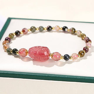 Buddha Gift Moonstone Strawberry Quartz Tourmaline PiXiu Healing Bracelet