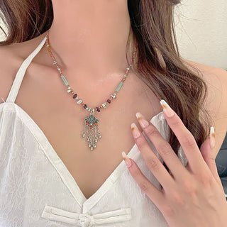 Buddha Gift Tibetan Crystal Stone Copper Luck Tassel Necklace Pendant