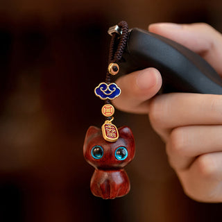 Buddha Gift Small Leaf Red Sandalwood Ebony Wood Lucky Cat Protection Key Chain Phone Hanging Decoration