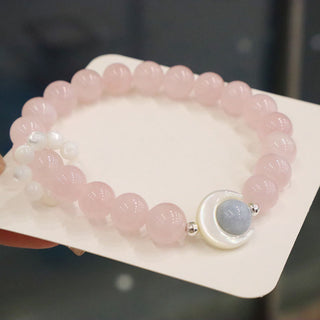 Buddha Gift 925 Sterling Silver Natural Amethyst Aquamarine Pink Crystal Cat's Eye Healing Crescent Moon Bracelet