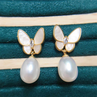 Buddha Gift 925 Sterling Silver Posts 18K Gold Plated Copper Pearl Butterfly Optimism Stud Earrings