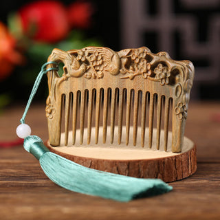 Buddha Gift Green Sandalwood Fox Peony Flower Lotus Engraved Cure Tassel Comb