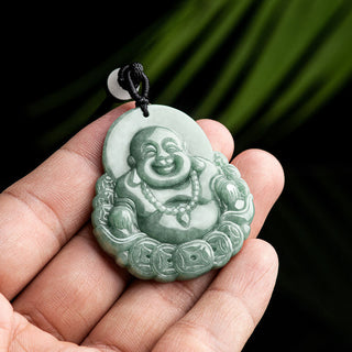 Buddha Gift Laughing Buddha Natural Jade Copper Coin Abundance Necklace Pendant