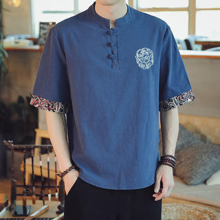 Buddha Gift Frog-Button Dragon Embroidery Chinese Tang Suit Short Sleeve Shirt Linen Men Clothing