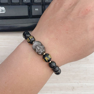 Buddha Gift Natural Silver Sheen Obsidian Black Obsidian Om Mani Padme Hum Pixiu Protection Bracelet