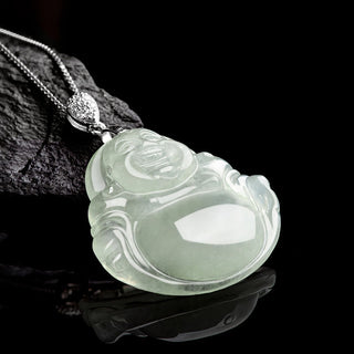 Buddha Gift 925 Sterling Silver Natural Jade Laughing Buddha Prosperity Abundance Chain Necklace Pendant