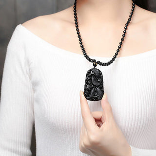 Buddha Gift Black Obsidian Koi Fish Engraved Strength Beaded Necklace Pendant
