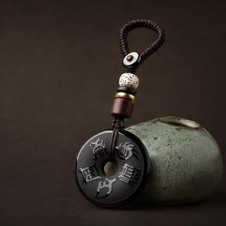 Buddha Gift Black Obsidian Taoism Five Sacred Mountains Carved Strength Peace Buckle Necklace Pendant Key Chain Phone Hanging Decoration