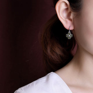 Buddha Gift 925 Sterling Silver Natural Cyan Jade Four Leaf Clover Luck Success Earrings