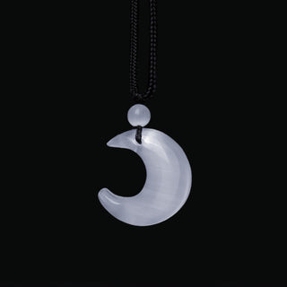 Buddha Gift Natural Silver Sheen Obsidian Selenite Crystal Crescent Moon Yin Yang Couple Protection Necklace Pendant