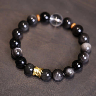 Buddha Gift Natural Silver Sheen Obsidian Crystal Om Mani Padme Hum Bead Protection Bracelet