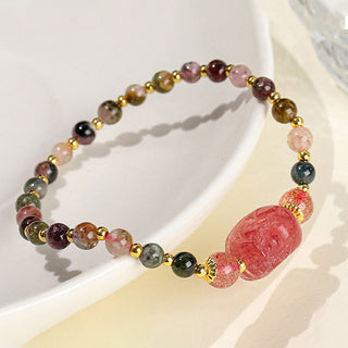 Buddha Gift Moonstone Strawberry Quartz Tourmaline PiXiu Healing Bracelet