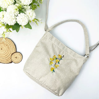 Buddha Gift Embroidery Wisteria Plum Lotus Cherry Blossom Cotton Linen Canvas Tote Crossbody Bag Shoulder Bag Handbag