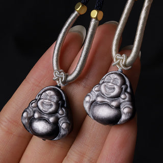 Buddha Gift Natural Silver Sheen Obsidian Laughing Buddha Protection Necklace Pendant