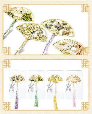 Buddha Gift Traditional Butterfly Lotus Flower Crane Dragon Phoenix Fox Koi Fish New Beginning Metal Brass Hollow Fan Bookmarks