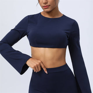 Buddha Gift Long Sleeve Backless Strap Top Bra Flare Pants Fitness Yoga Outfit