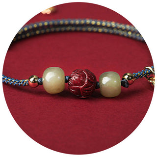Buddha Gift 14K Gold Plated Hetian Jade Cinnabar Lotus Luck Handcrafted Rope Bracelet