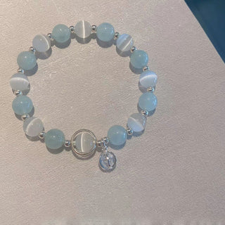 Buddha Gift 925 Sterling Silver Cat's Eye Aquamarine Support Charm Bracelet