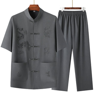 Buddha Gift Tang Suit Hanfu Chinese Dragon Traditional Kung Fu Uniform Short Sleeve Tops and Pants Clothing Men's Set