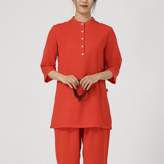 Buddha Gift 2Pcs Solid Color Three Quarter Shirt Top Pants Meditation Zen Tai Chi Cotton Linen Clothing Women's Set