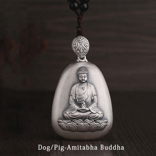 Buddha Gift 999 Sterling Silver Chinese Zodiac Natal Buddha Heart Sutra Engraved Protection Necklace Pendant